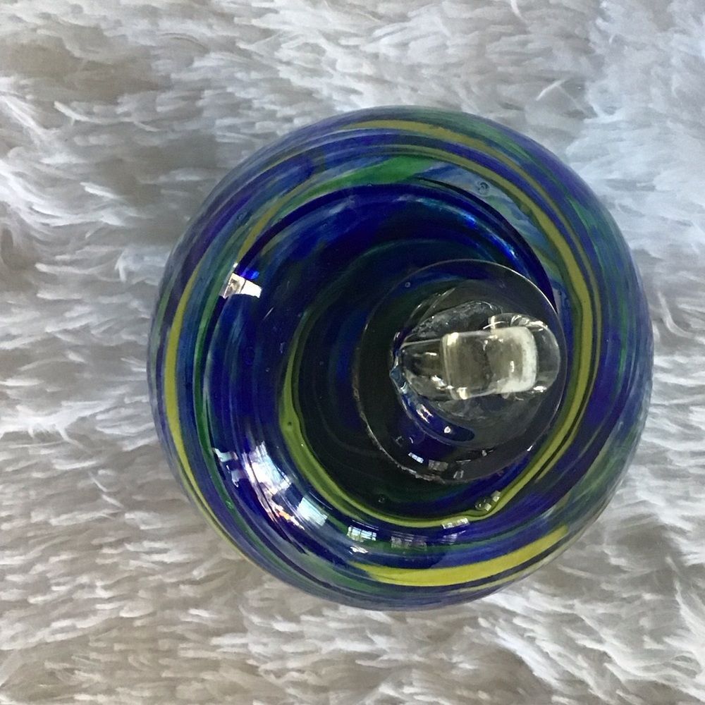 Hand Crafted Glass Orb with Vibrant Blue and Yellow Patterns - Picture 5 of 6